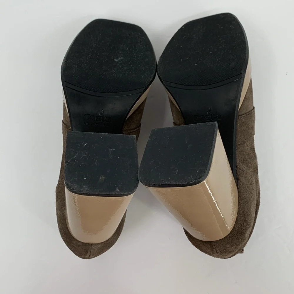 Casta Josh chunky platform loafers brown suede tan patent shoe pewter oval 40 9